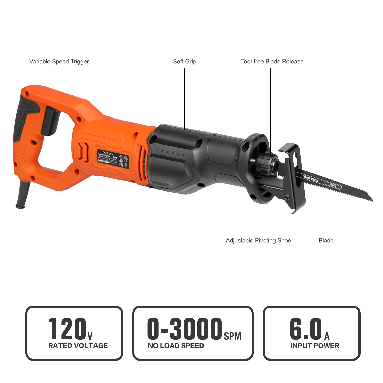 Yunirvana reciprocating saw quick-change chuck allows fast blade swaps.