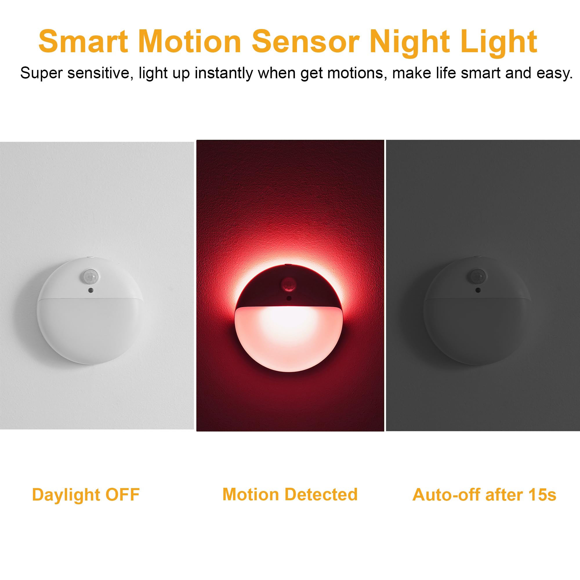 YUNLEX red night light motion sensor detects movement up to 12 ft