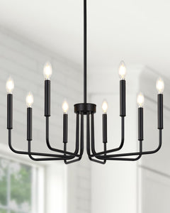 Yunnix 8-light dining chandelier over table with warm, evenly distributed glow