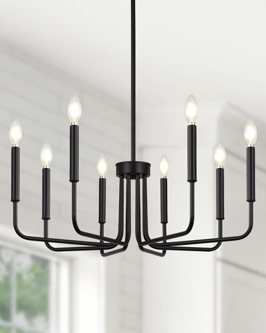 Yunnix 8-light dining chandelier over table with warm, evenly distributed glow