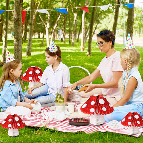 Close-up of YUNXUAN 8in red mushroom honeycomb lanterns with crisp tissue finish