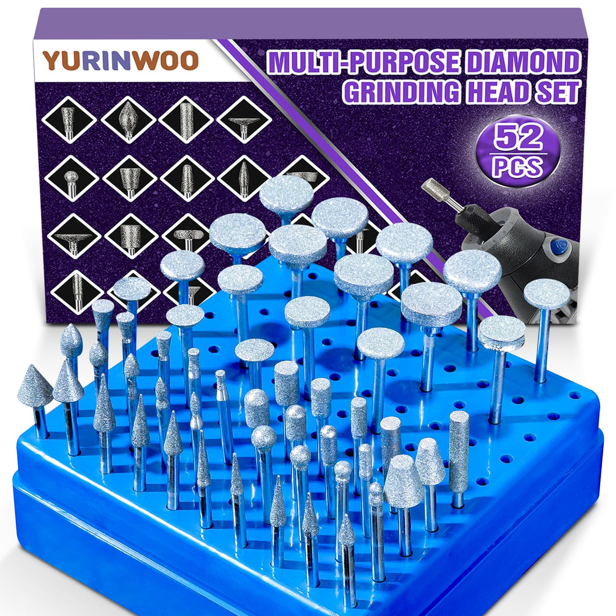 YURINWOO Diamond grinding bits 52pcs set for precision carving on stone and glass