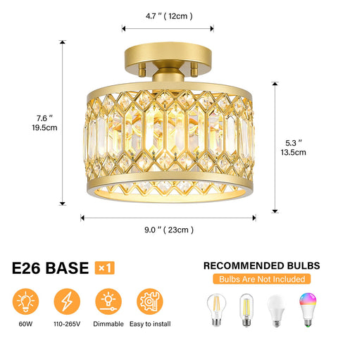 YURNYQ E26-compatible crystal ceiling light accepts diverse bulbs for flexible ambience.