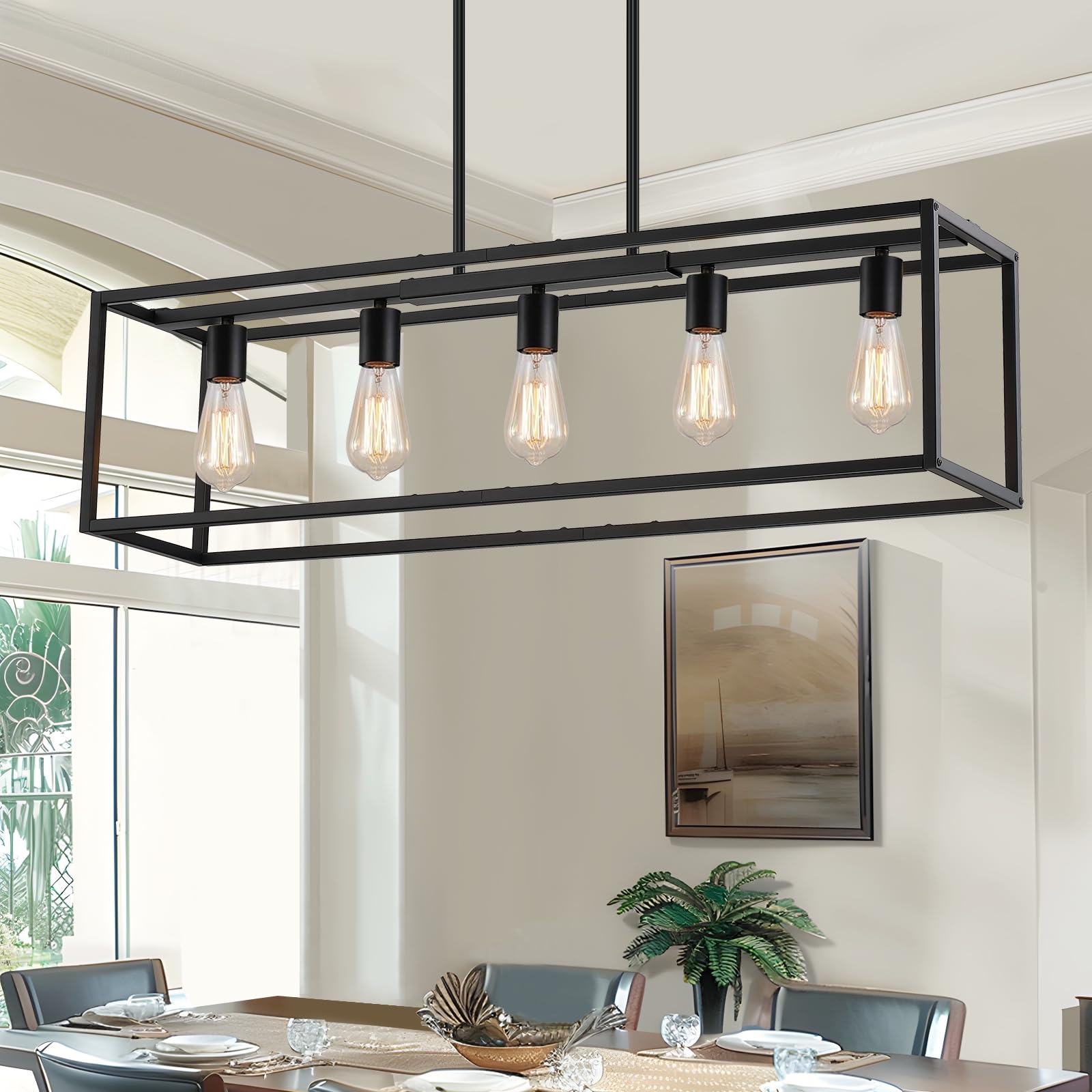 Yusist 5-light black farmhouse chandelier with rectangular frame for modern dining spaces