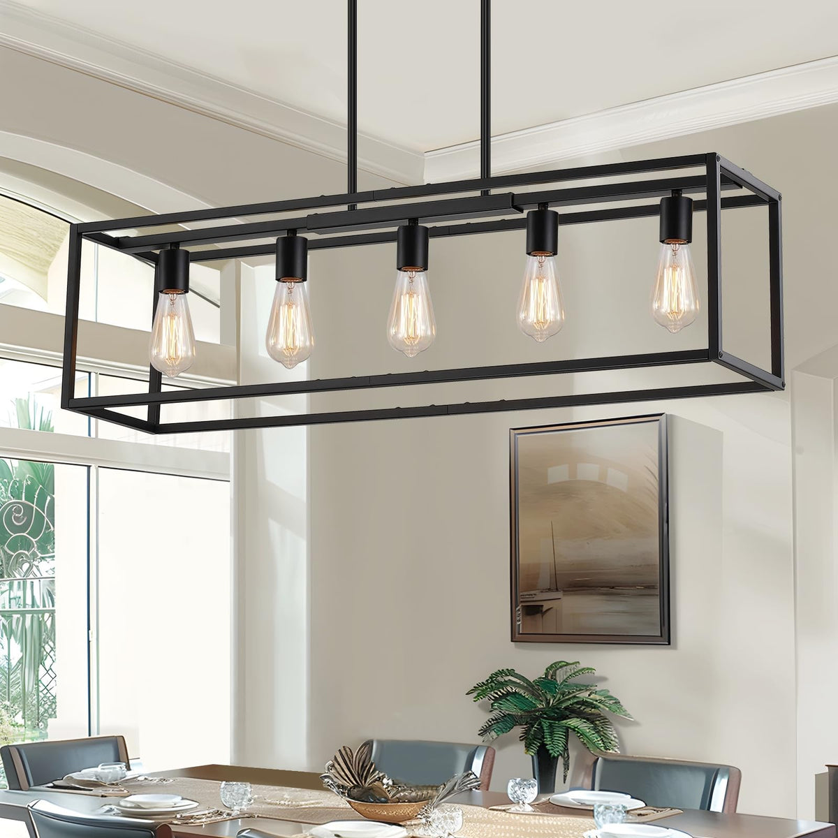 Yusist 5-light black farmhouse chandelier with rectangular frame for modern dining spaces