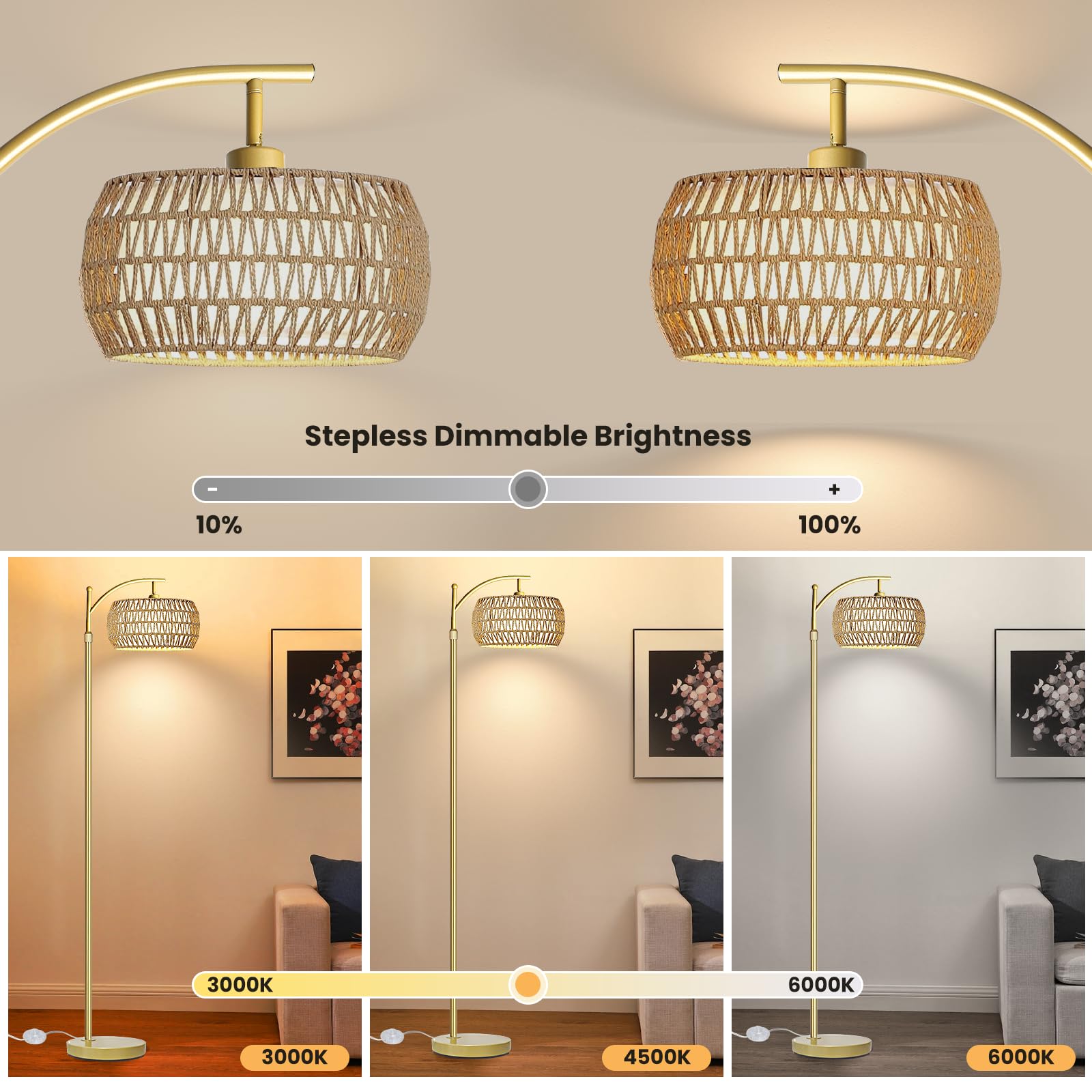 Yusist Arc lamp showing rattan and fabric shades for versatile decor