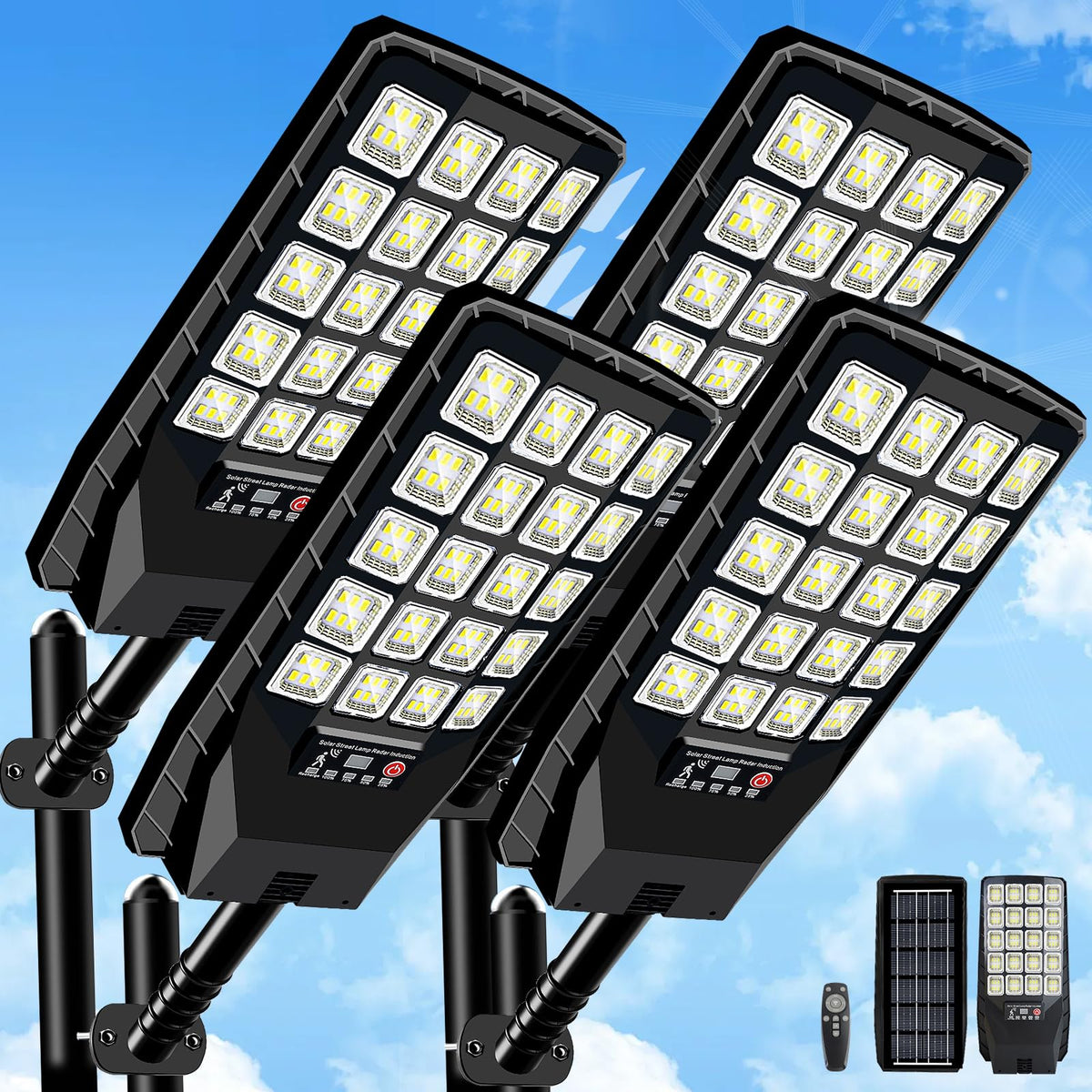Yusist solar street light front view shows wide coverage for large outdoor spaces.