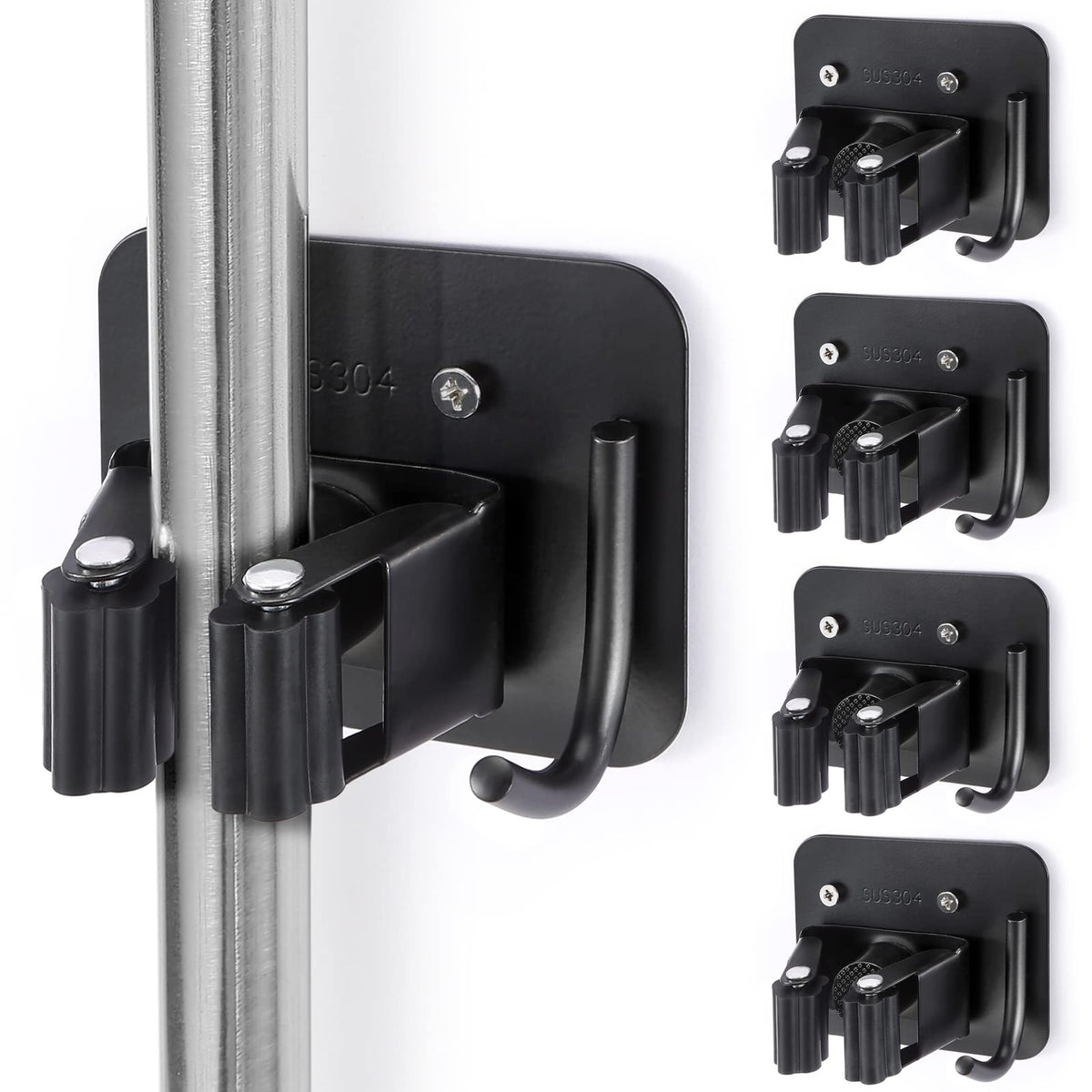 YUWANTING stainless steel broom holder wall mount with four grippers for quick organization