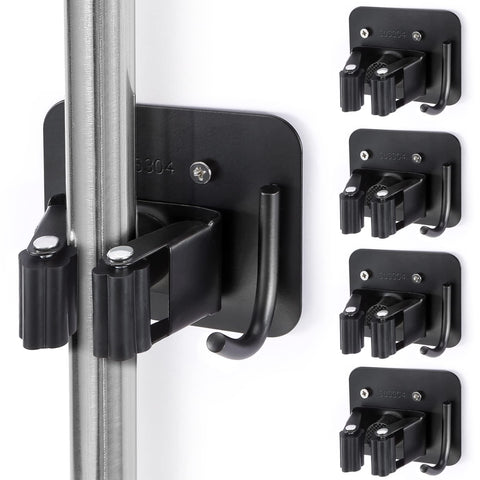 YUWANTING stainless steel broom holder wall mount with four grippers for quick organization