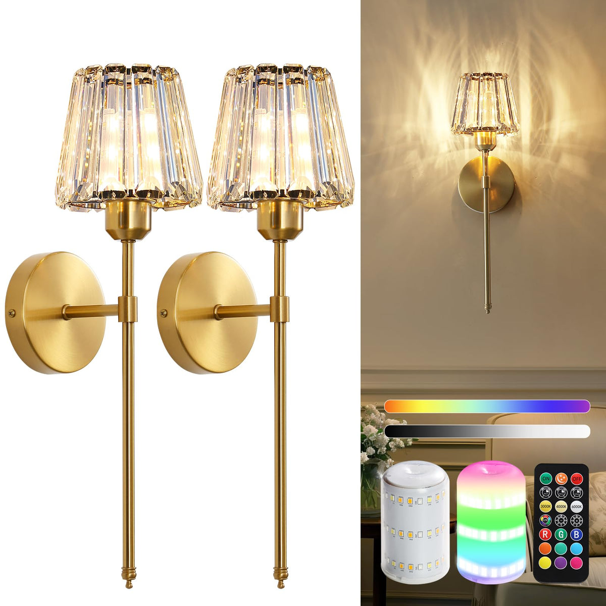 YUXINLUX battery-operated crystal wall sconce set, front view, creates elegant ambient lighting.