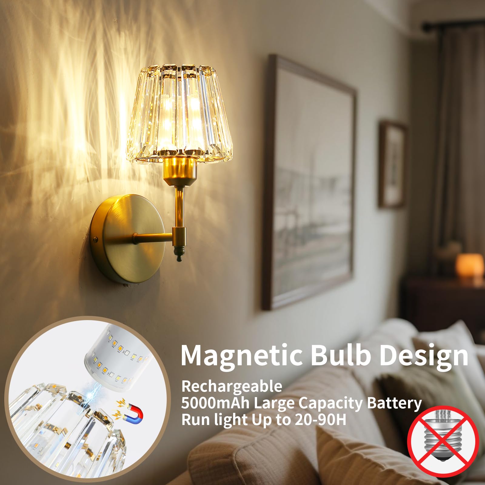 YUXINLUX battery-operated crystal wall sconce set, side view, space-saving bedside lighting.