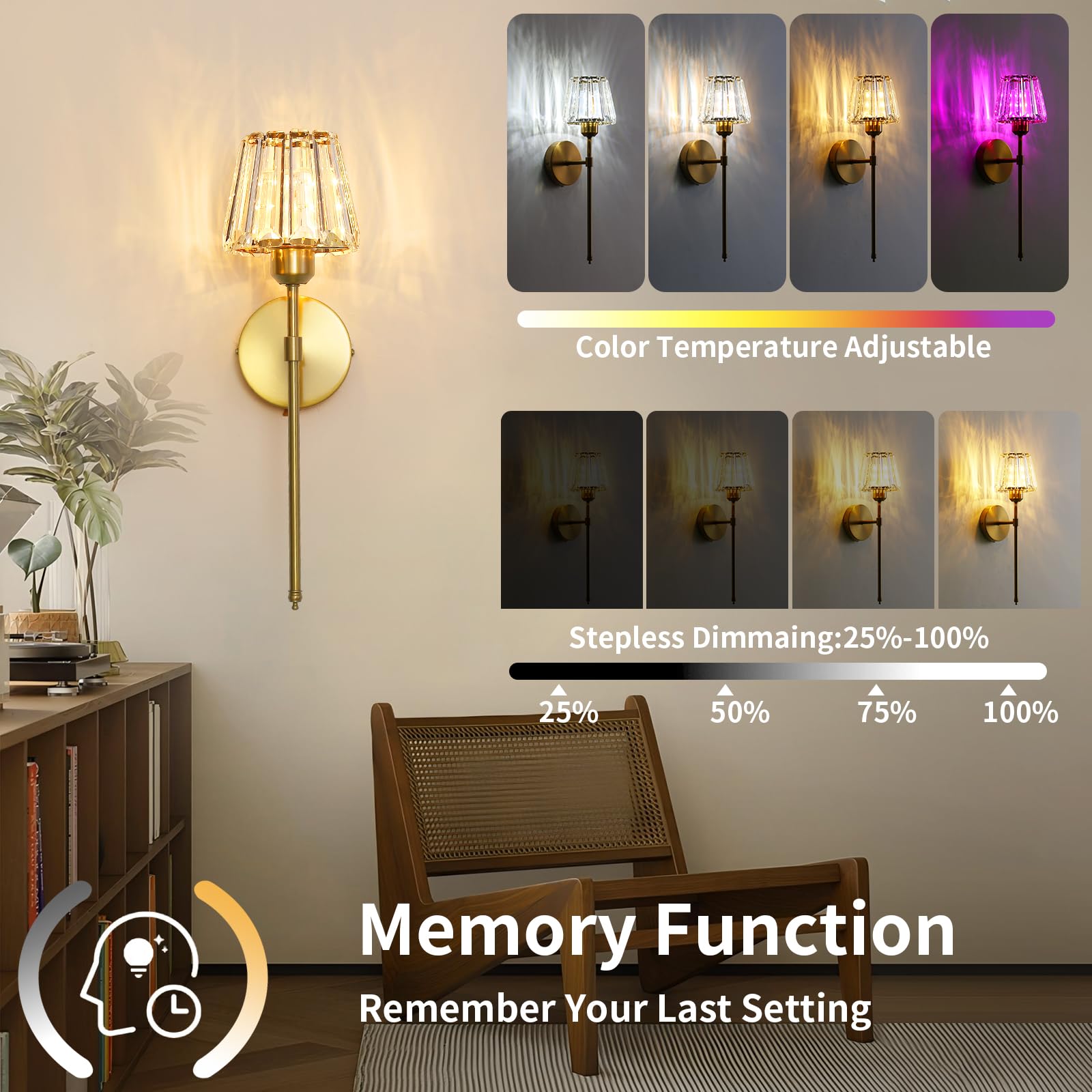 YUXINLUX remote-dimmable sconce with 12 colors for customizable mood lighting.