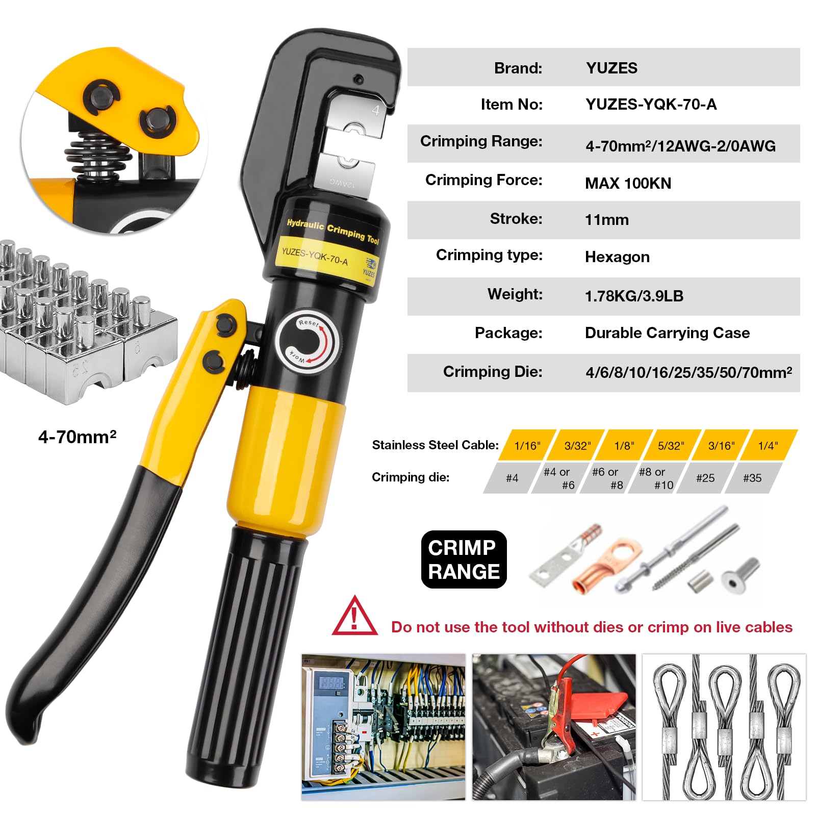 YUZES die set of 9 dies shown for precise crimps across wire sizes.