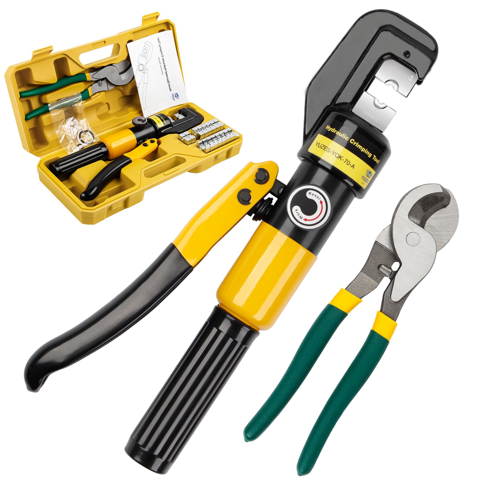 YUZES hydraulic-crimping-tool side view demonstrates compact, rugged design for demanding tasks.