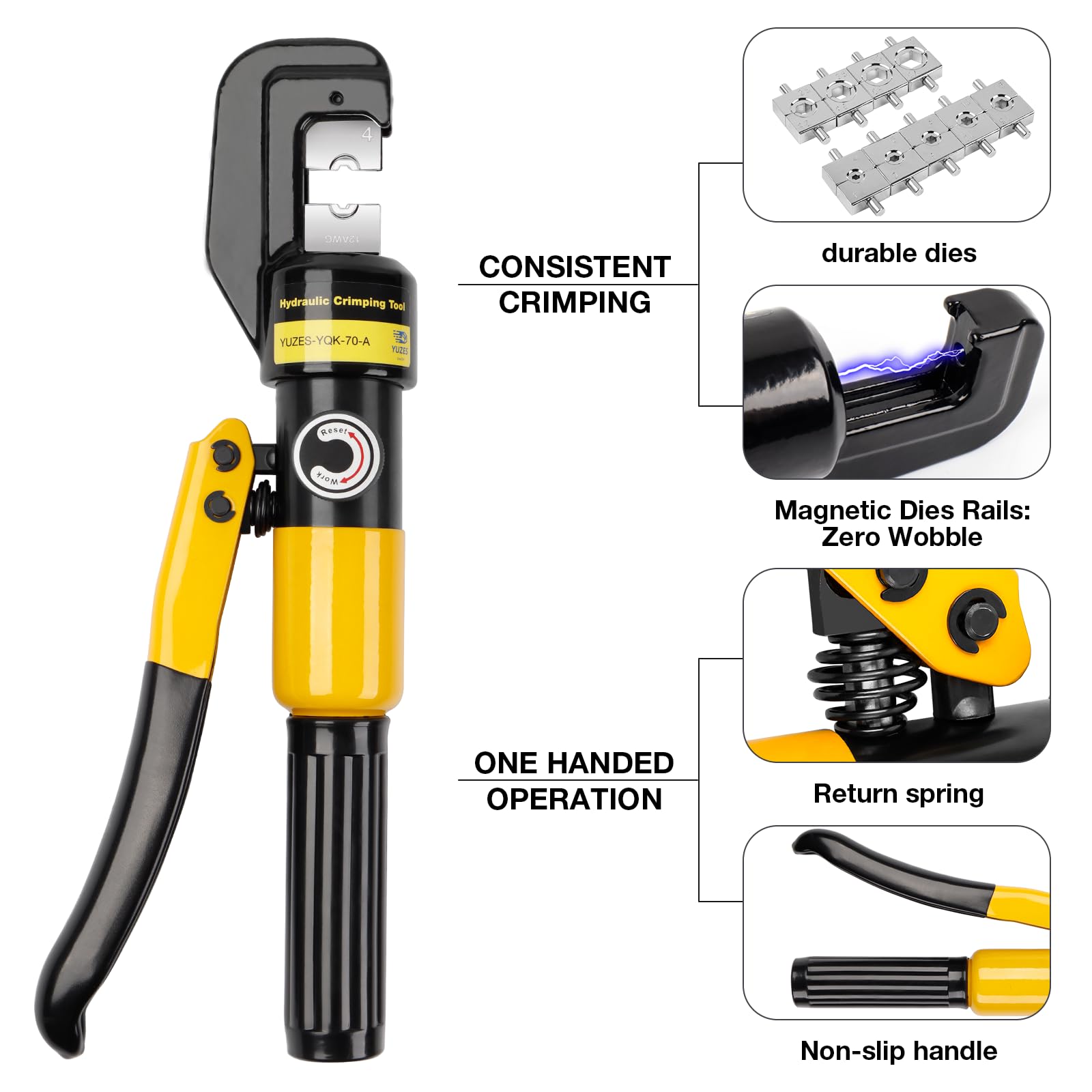 YUZES tool in one-handed operation with magnetic dies