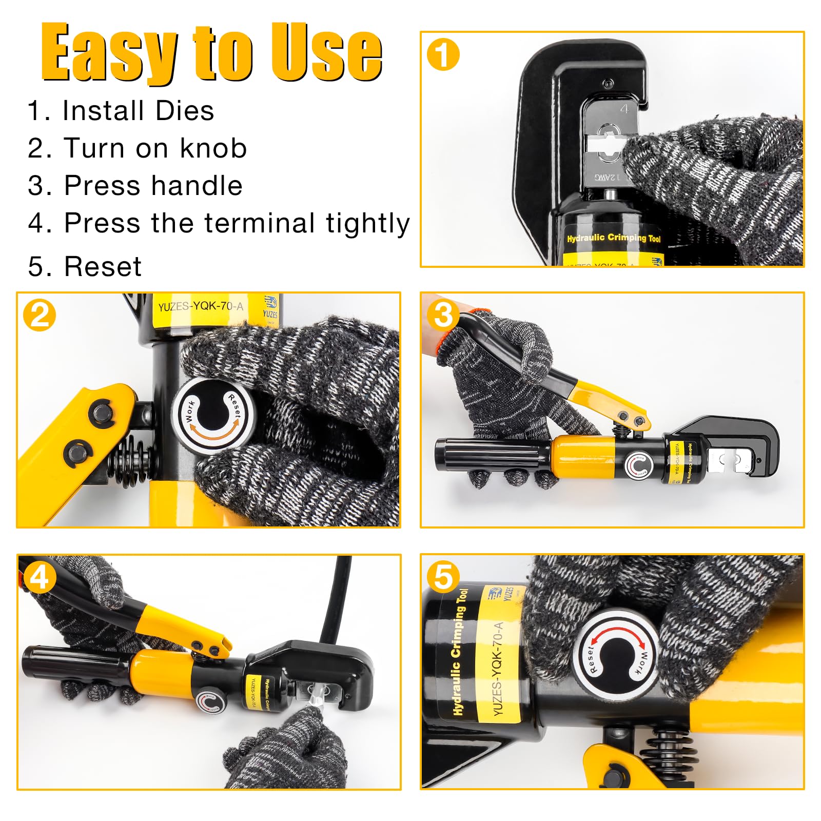 YUZES one-handed-operation with magnetized-dies speeds up crimping.