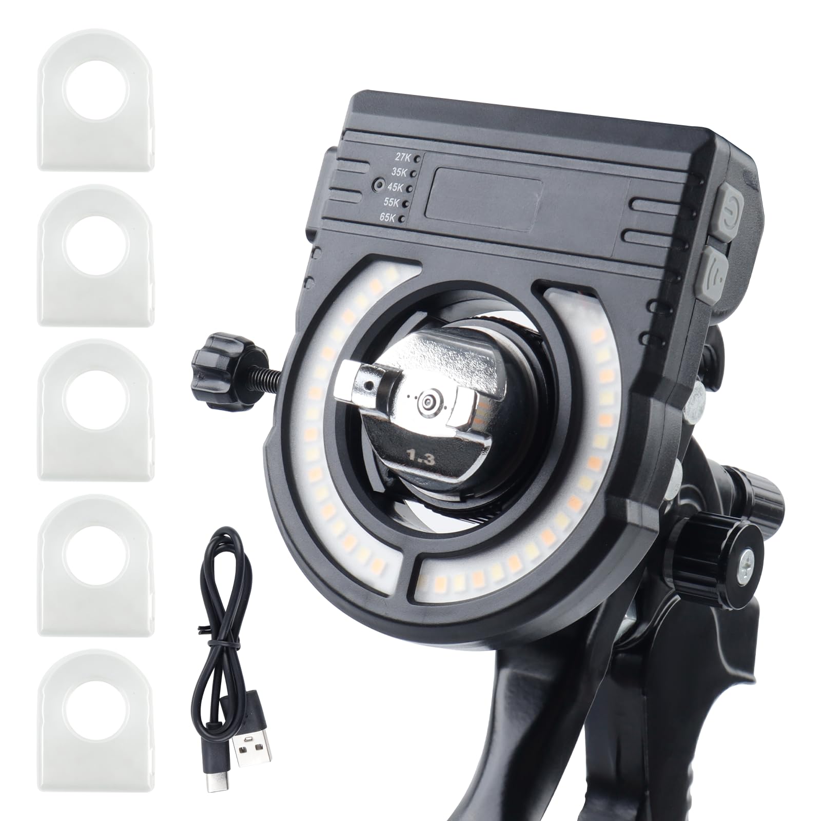 YUZES paint gun light attachment providing even illumination on panels and curves.
