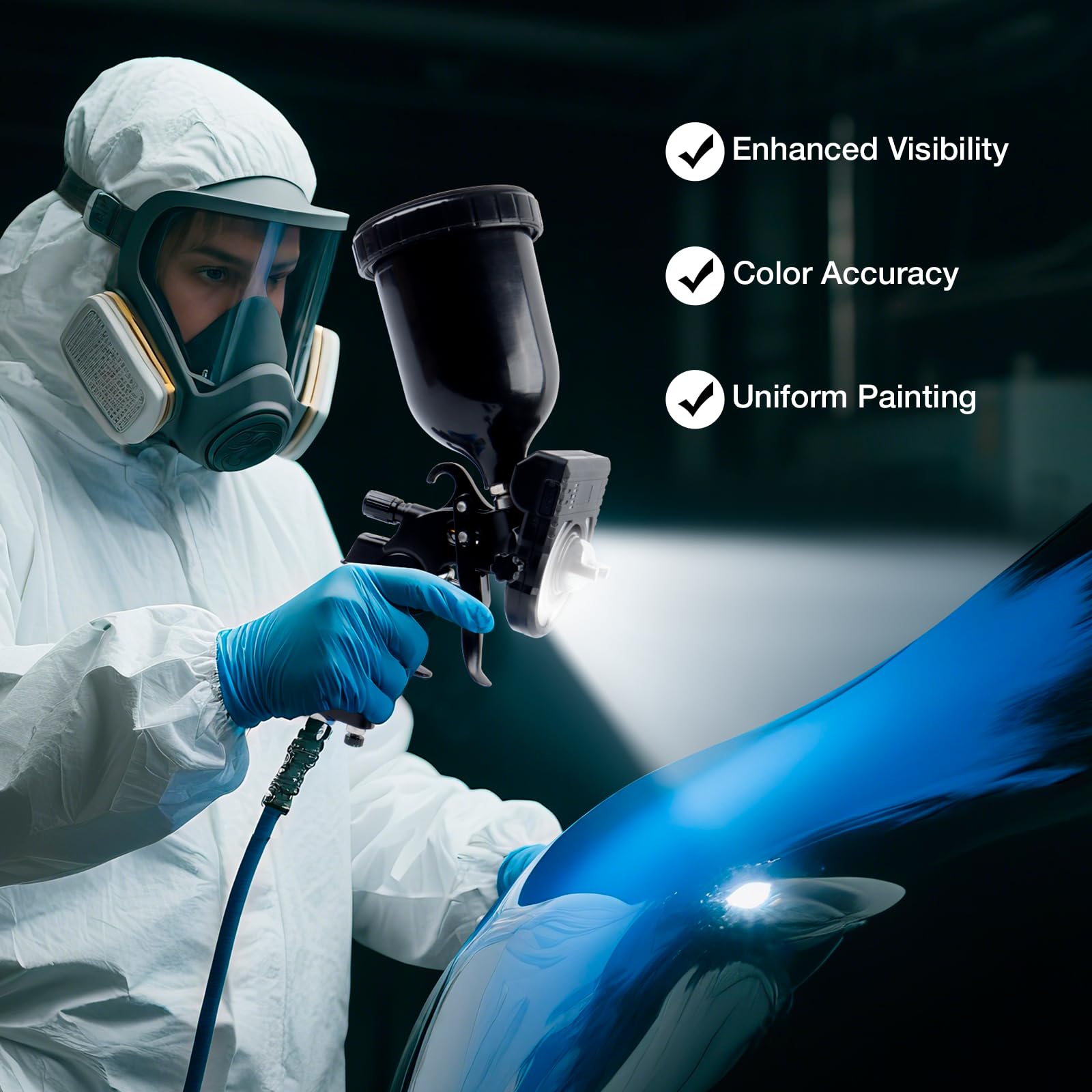 YUZES 500 lm brightness highlights imperfections during spraying.