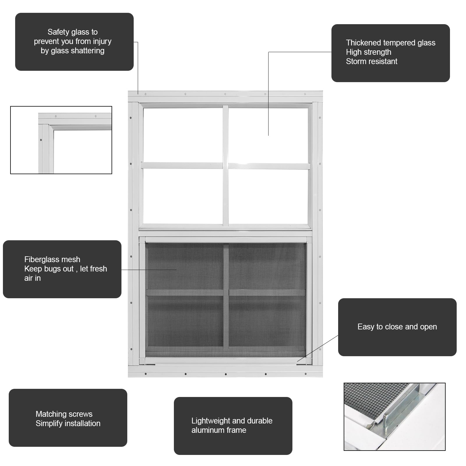 Yuzzy aluminum frame shed window highlighting sturdy, weather-ready construction.