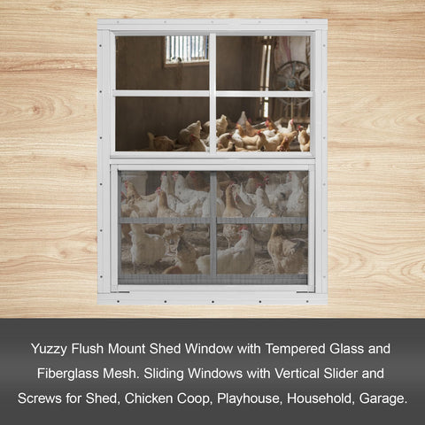 Yuzzy shed window featuring fiberglass screen to keep bugs out.
