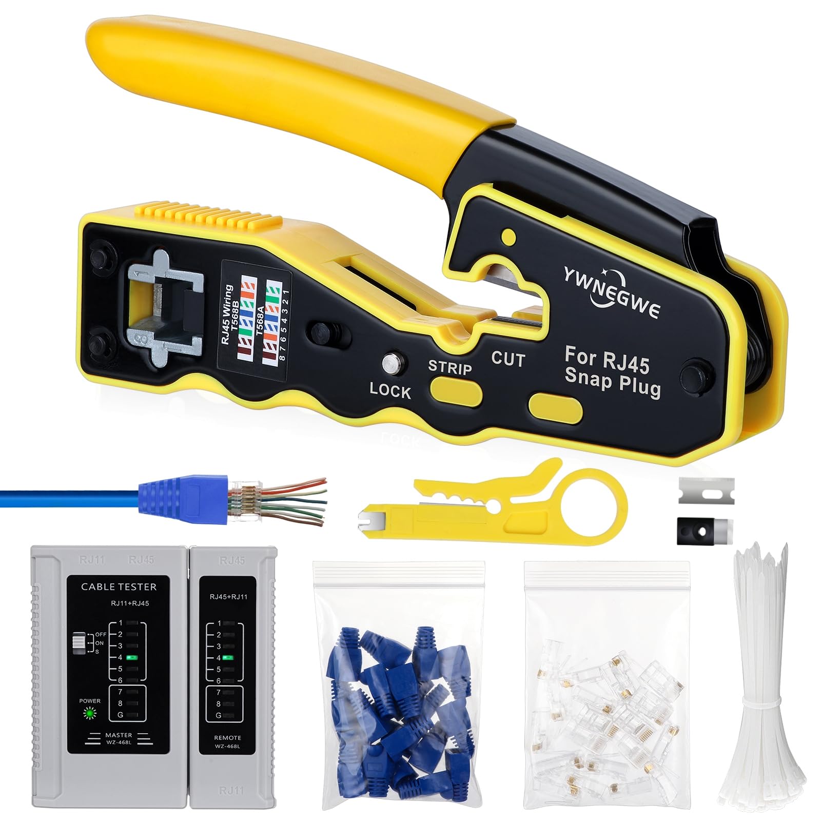 YWNEGWE RJ45 passthrough crimp tool shown in compact ergonomic design for easy use.
