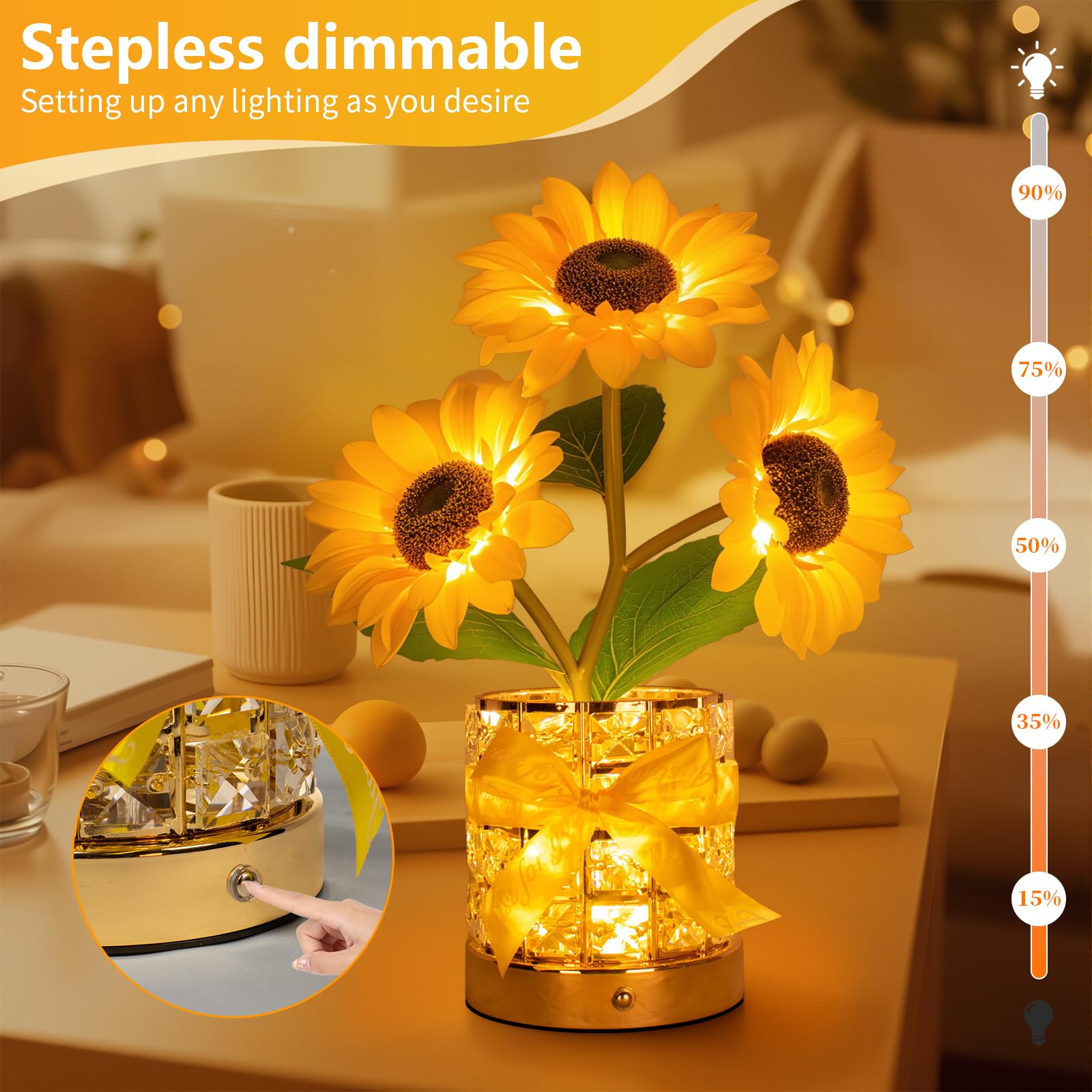 YWYWLED Sunflower Lamp glass pot three-color ambient light for cozy evenings