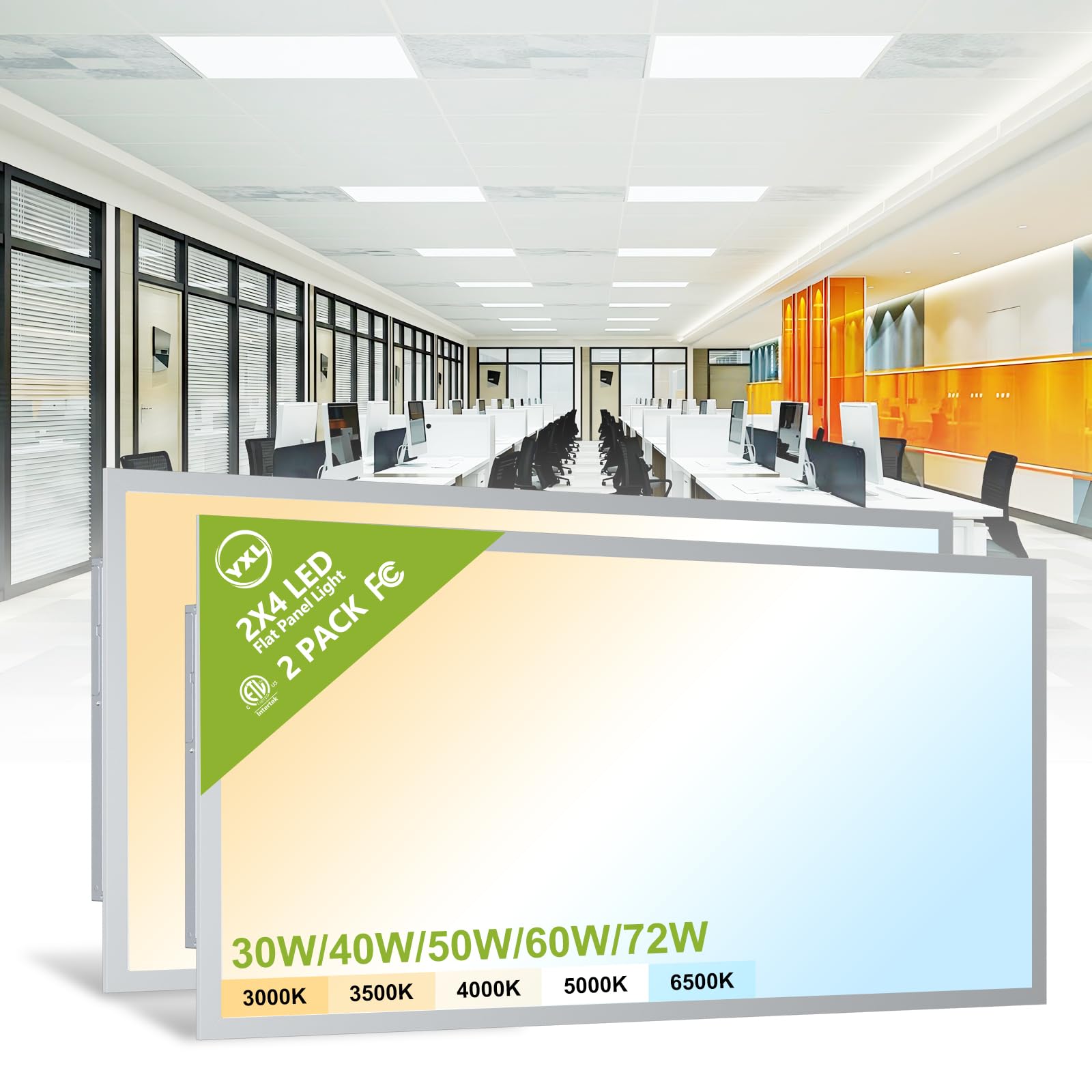 YXL 2x4 LED flat panel light front view for efficient office lighting