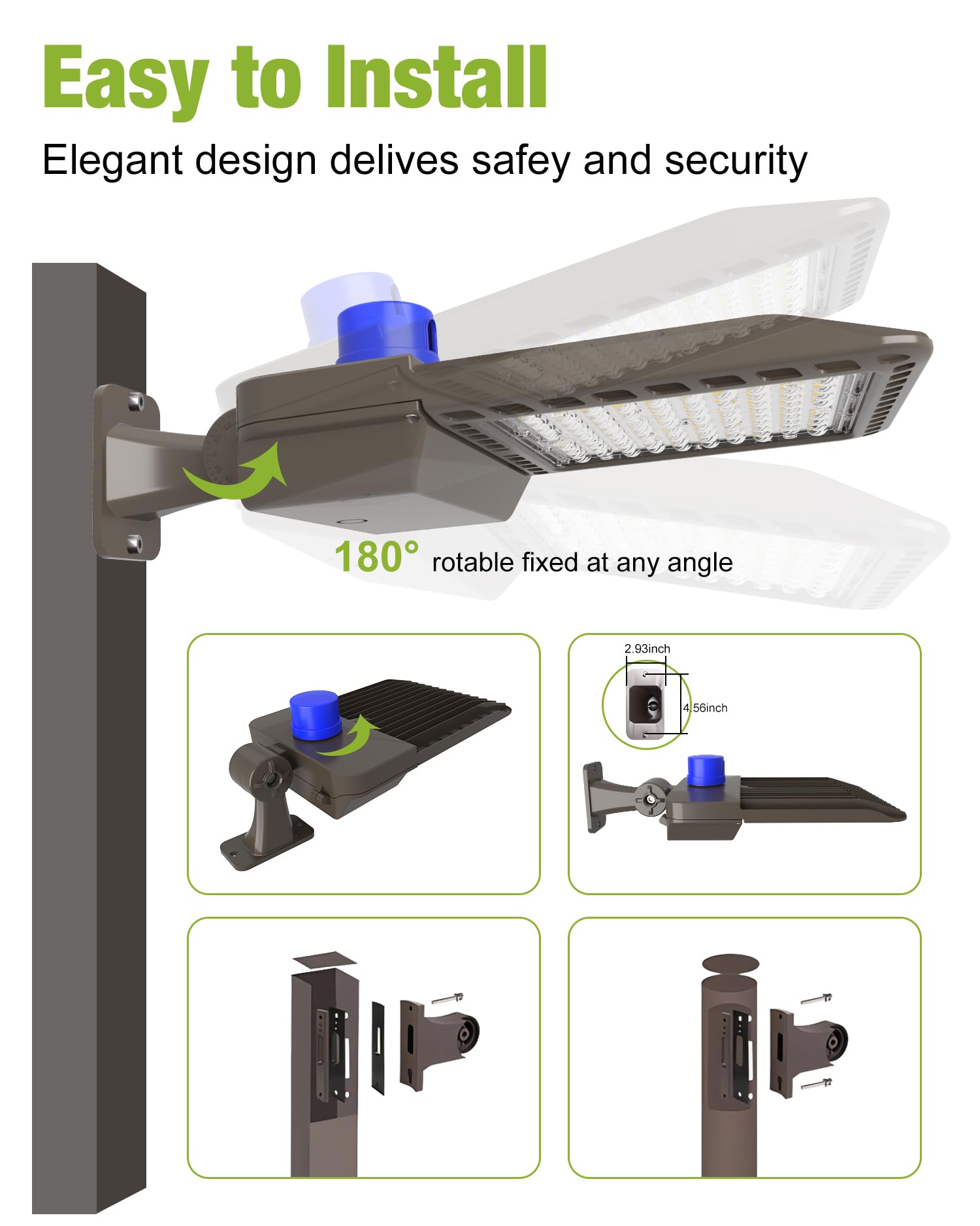 YXL LED parking lot light with adjustable arm mount for pole installations.