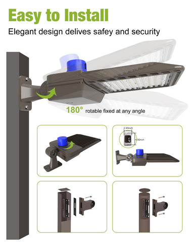 YXL LED parking lot light with adjustable arm mount for pole installations.
