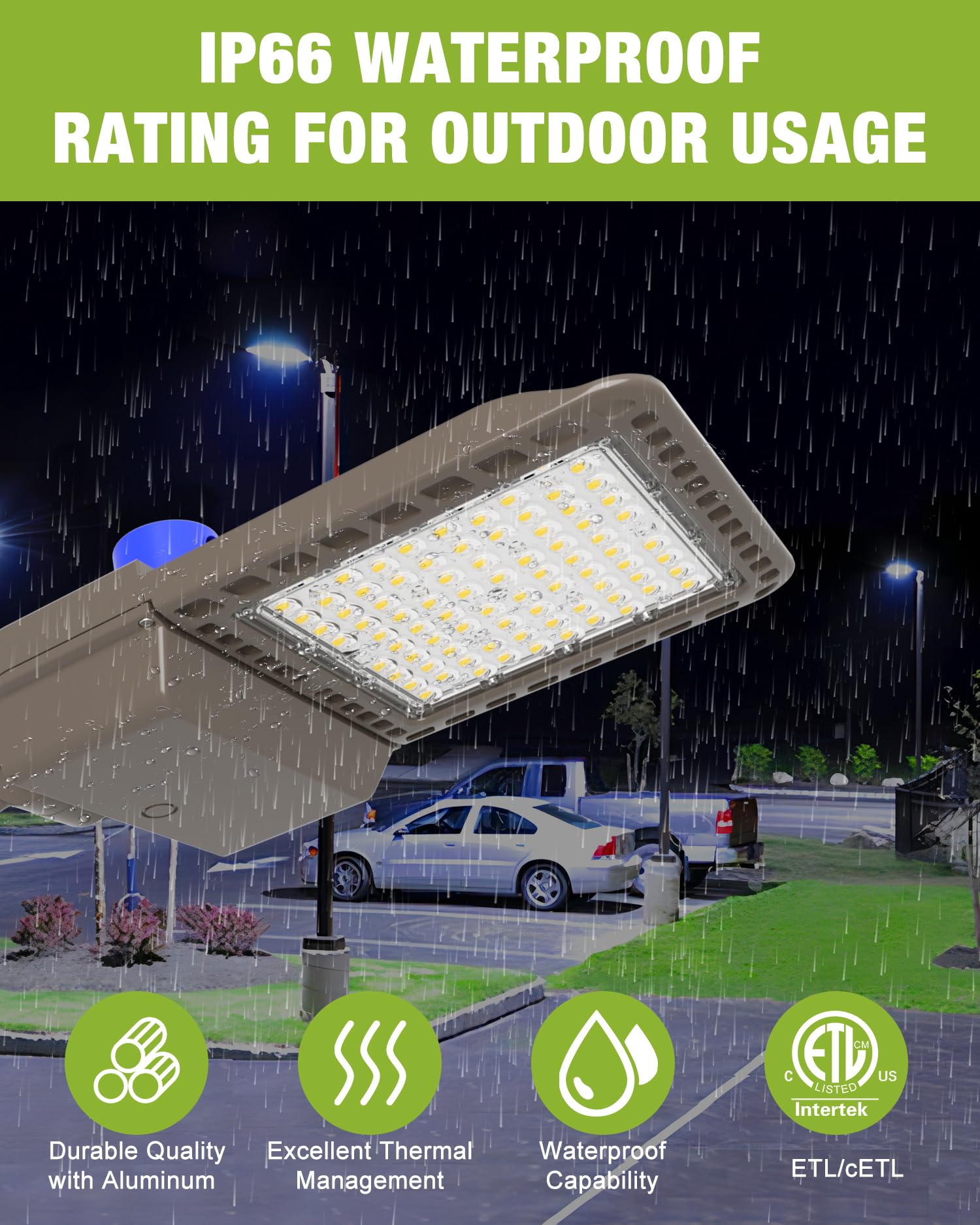 YXL LED parking lot light features die-cast aluminum body and efficient heat dissipation.