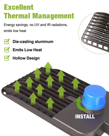 YXL LED parking lot light uses IP65-rated housing for harsh-weather durability.