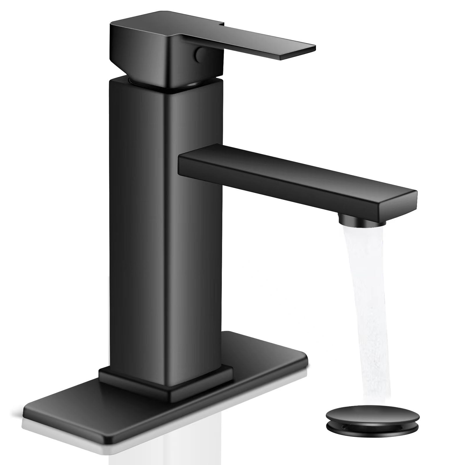 YXOCVIR black bathroom faucet shown with a sleek single-hole vanity setup