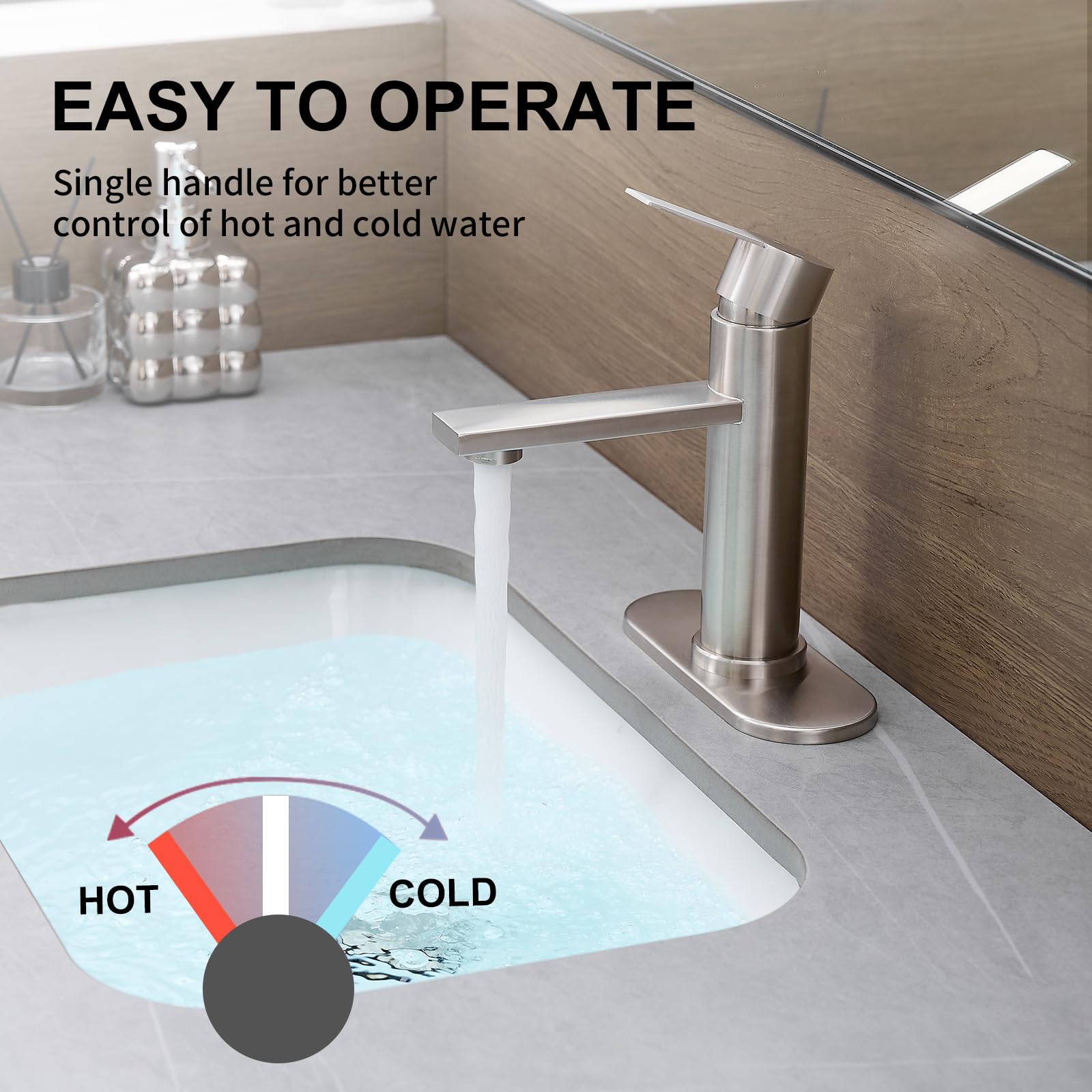 YXOCVIR brushed nickel faucet with pop-up drain simplifies maintenance.