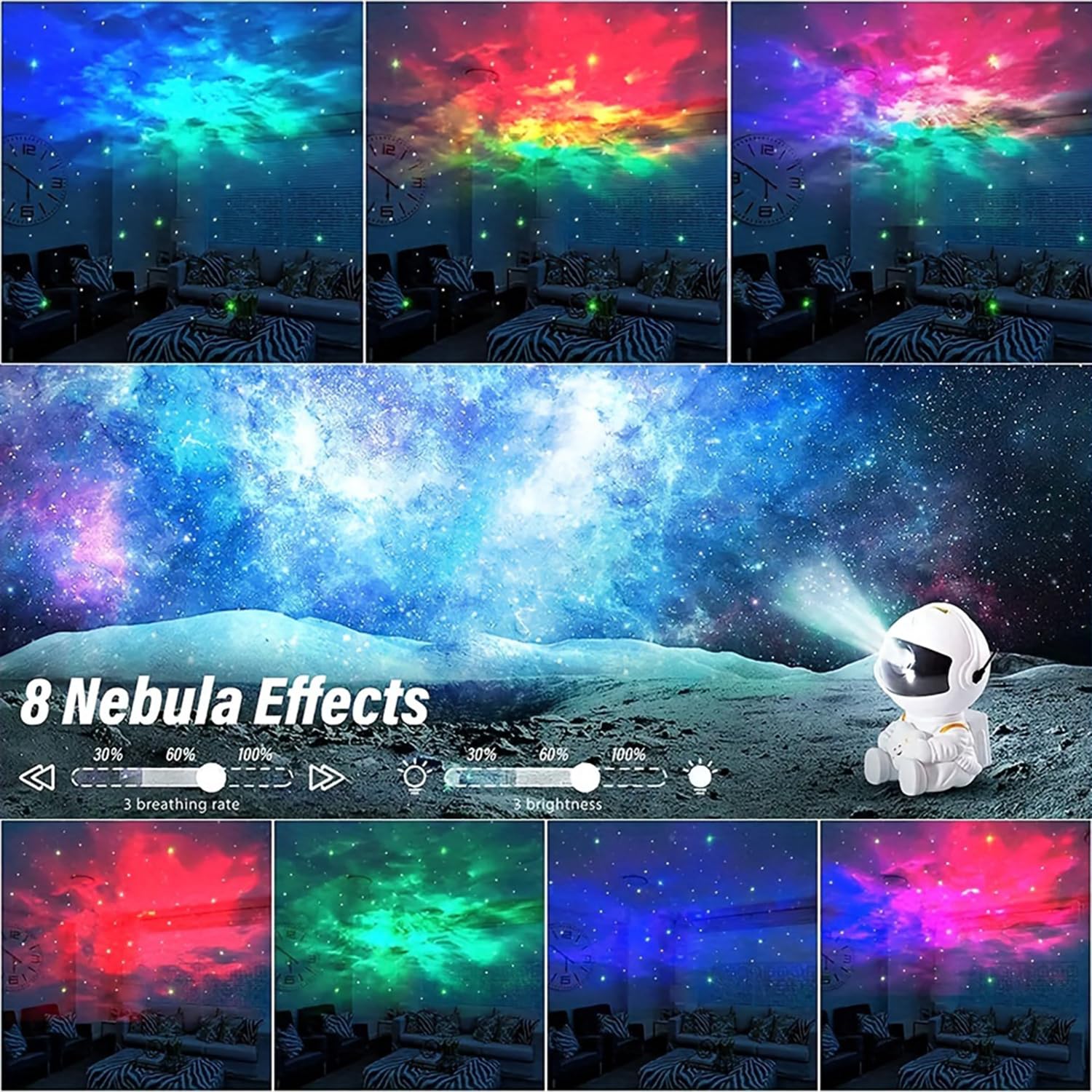 YXQUA Astronaut Star Projector offers eight nebula modes for diverse night-sky scenes.