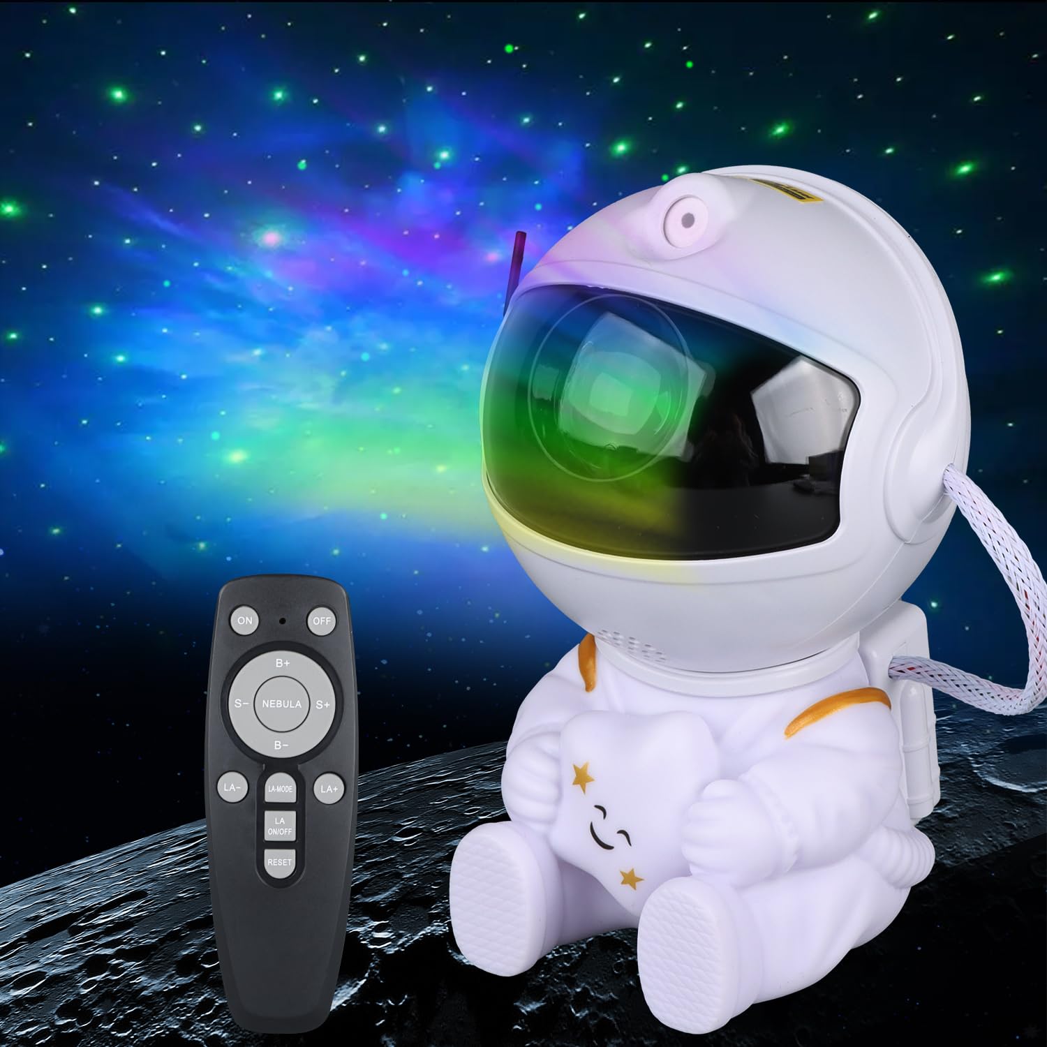 YXQUA Astronaut Star Projector with remote control creates a magical glow in the living room.
