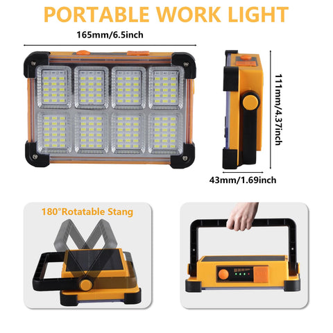 YXQUA solar work light USB charging port powers devices on the go