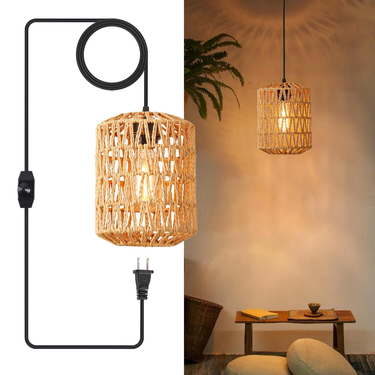 YXTH plug-in pendant light with rattan shade for warm dining room ambience.