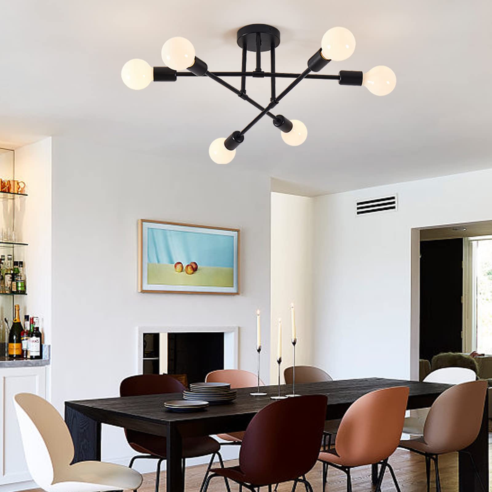 YXTH black sputnik ceiling light enhances dining room ambiance with a bold silhouette.