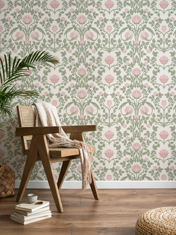 YXTII floral wallpaper pink-green close-up showing detailed petals for a soft bedroom accent.