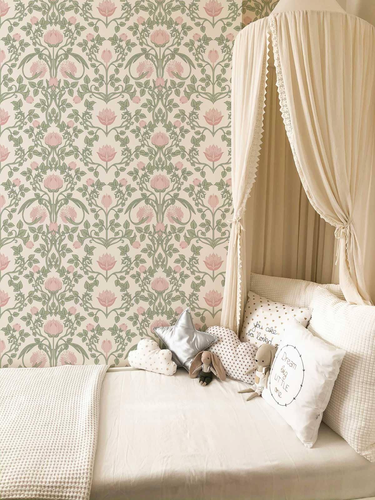 YXTII floral wallpaper pink-green roll close-up highlighting wide coverage.