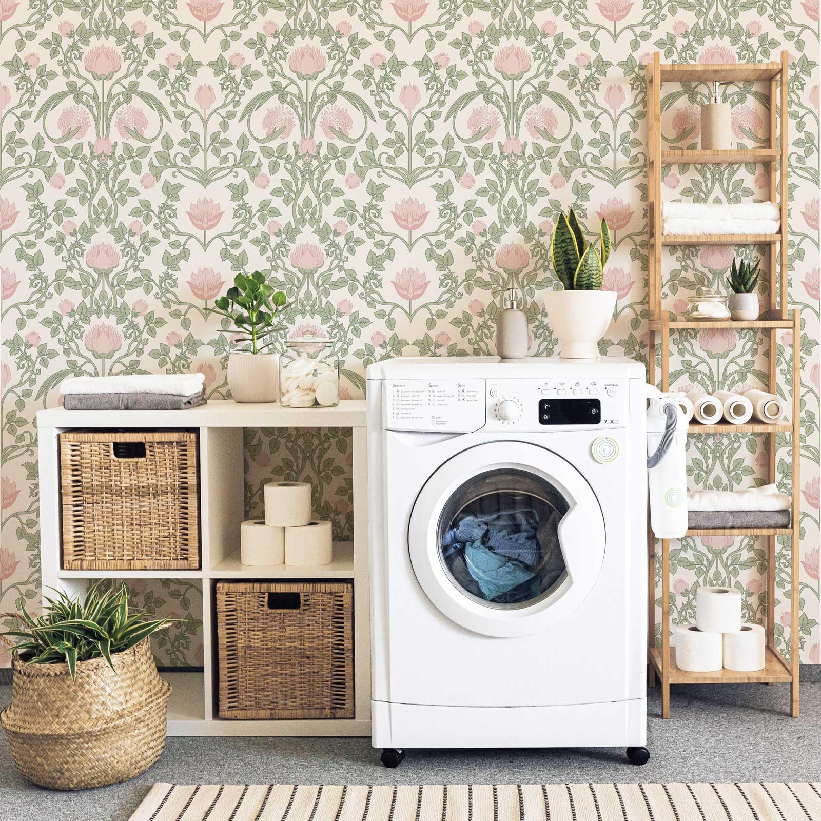 YXTII self-adhesive wallpaper in pink-green displaying easy removal.