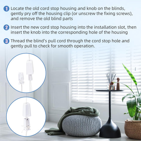 YXYYXY cord stop kit blends with white blinds for a seamless look
