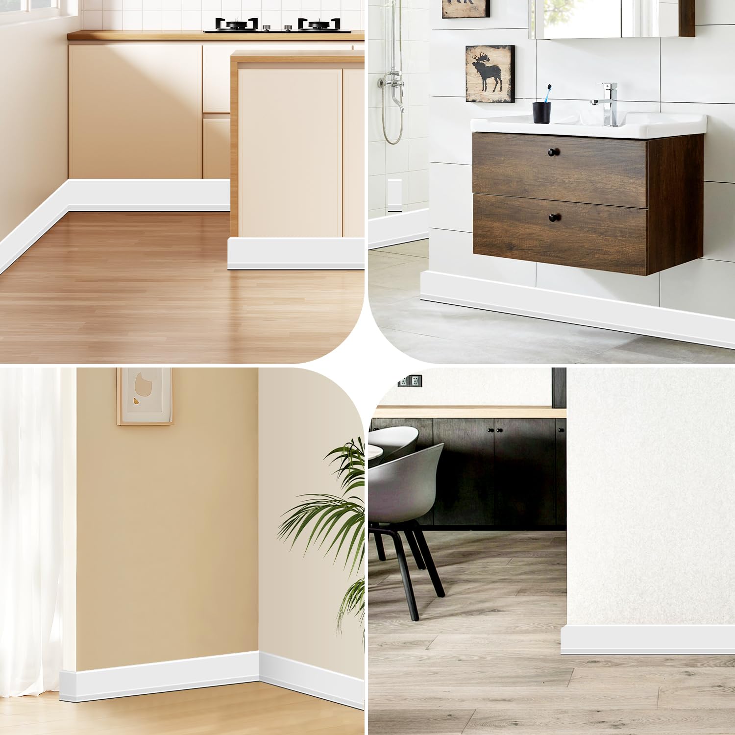 YYGCL baseboard molding wall assembly demonstrates no-drill peel-and-stick convenience.