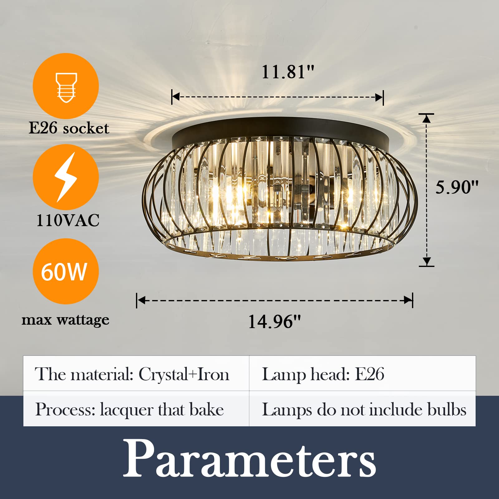 YYJLX three-light flush mount crystal elements sparkle to brighten living spaces.