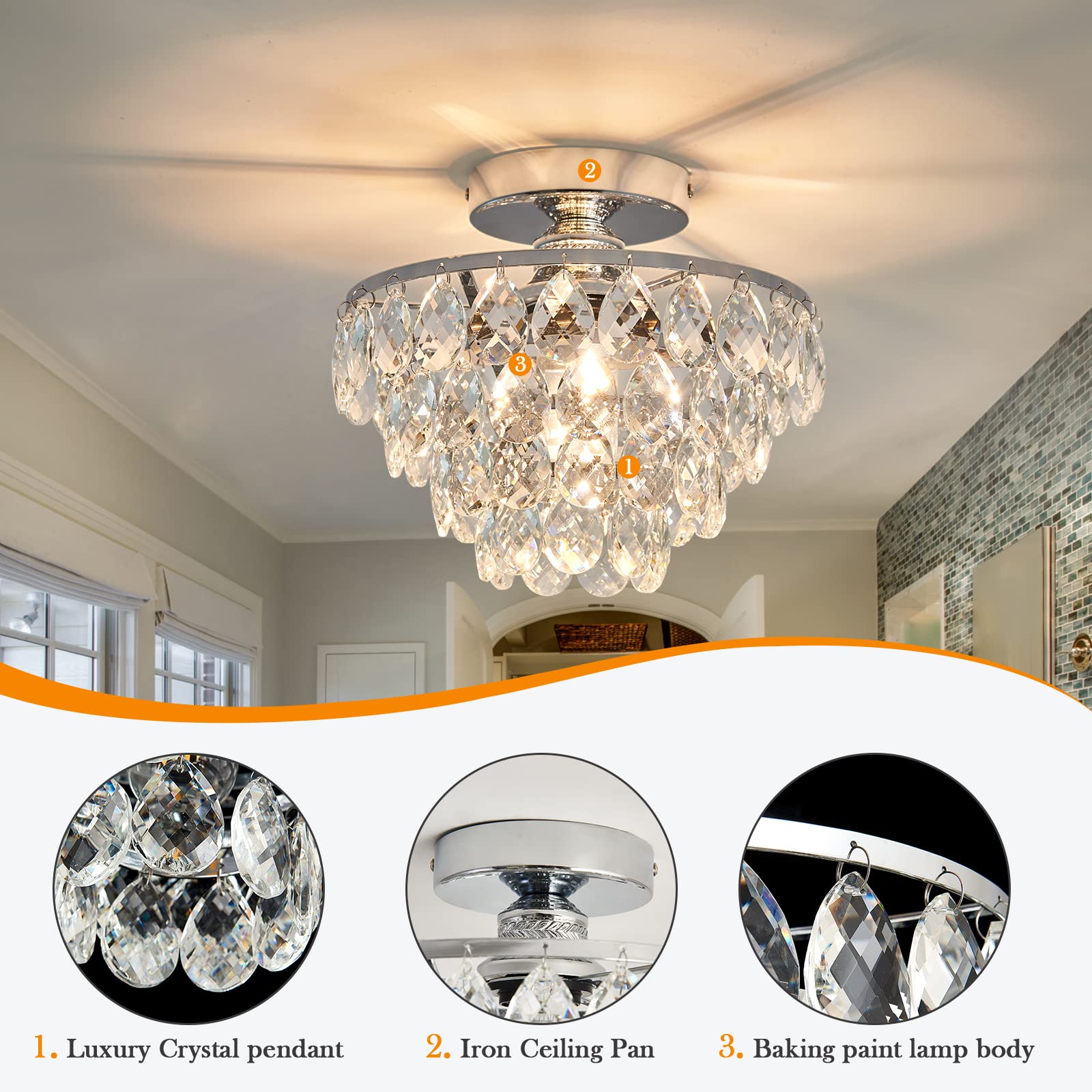 YYJLX chrome semi-flush ceiling light for hallways; crystal sparkle adds refined ambience