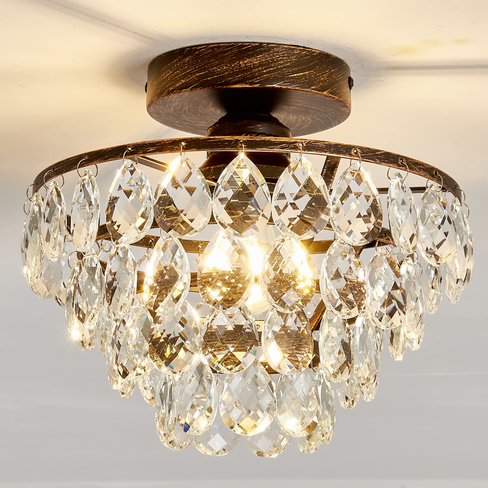 YYJLX crystal chandelier close-to-ceiling glow with oil rubbed bronze finish