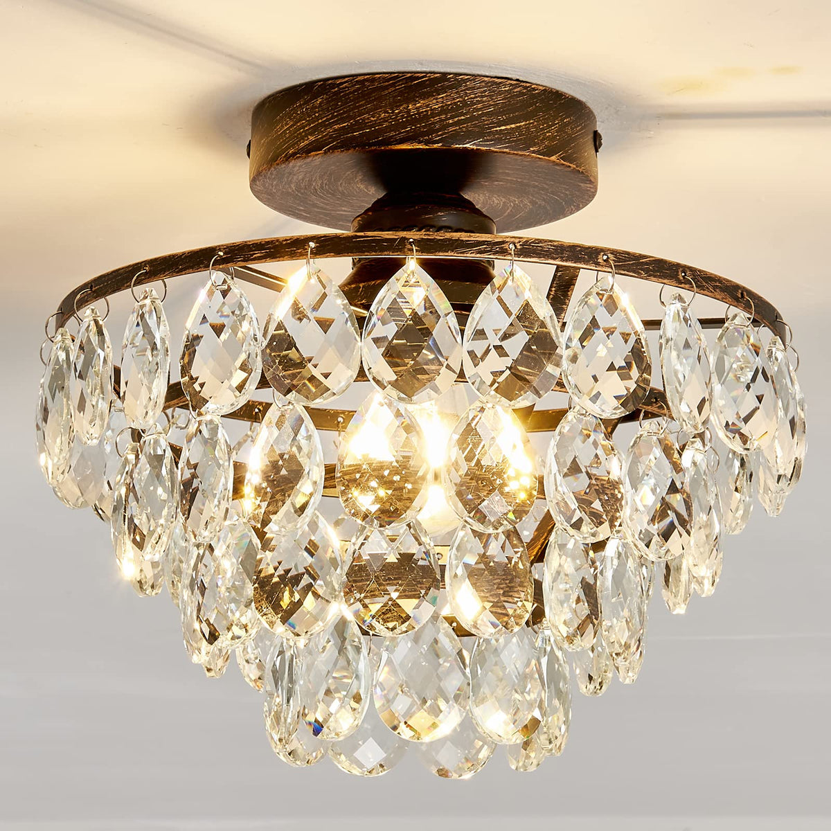 YYJLX crystal chandelier close-to-ceiling glow with oil rubbed bronze finish