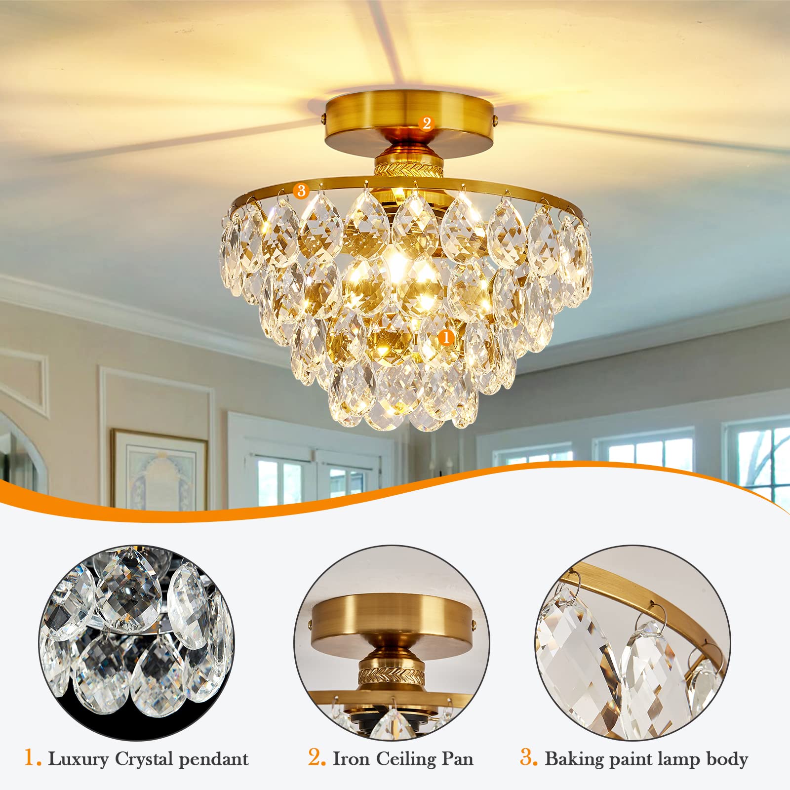 YYJLX crystal chandelier semi-flush for bathroom adds sparkle and easy ceiling mount.