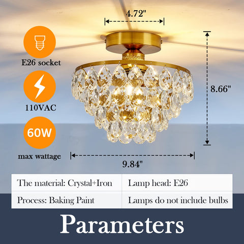 YYJLX modern E26 crystal chandelier semi-flush for bedroom ambiance and warmth.