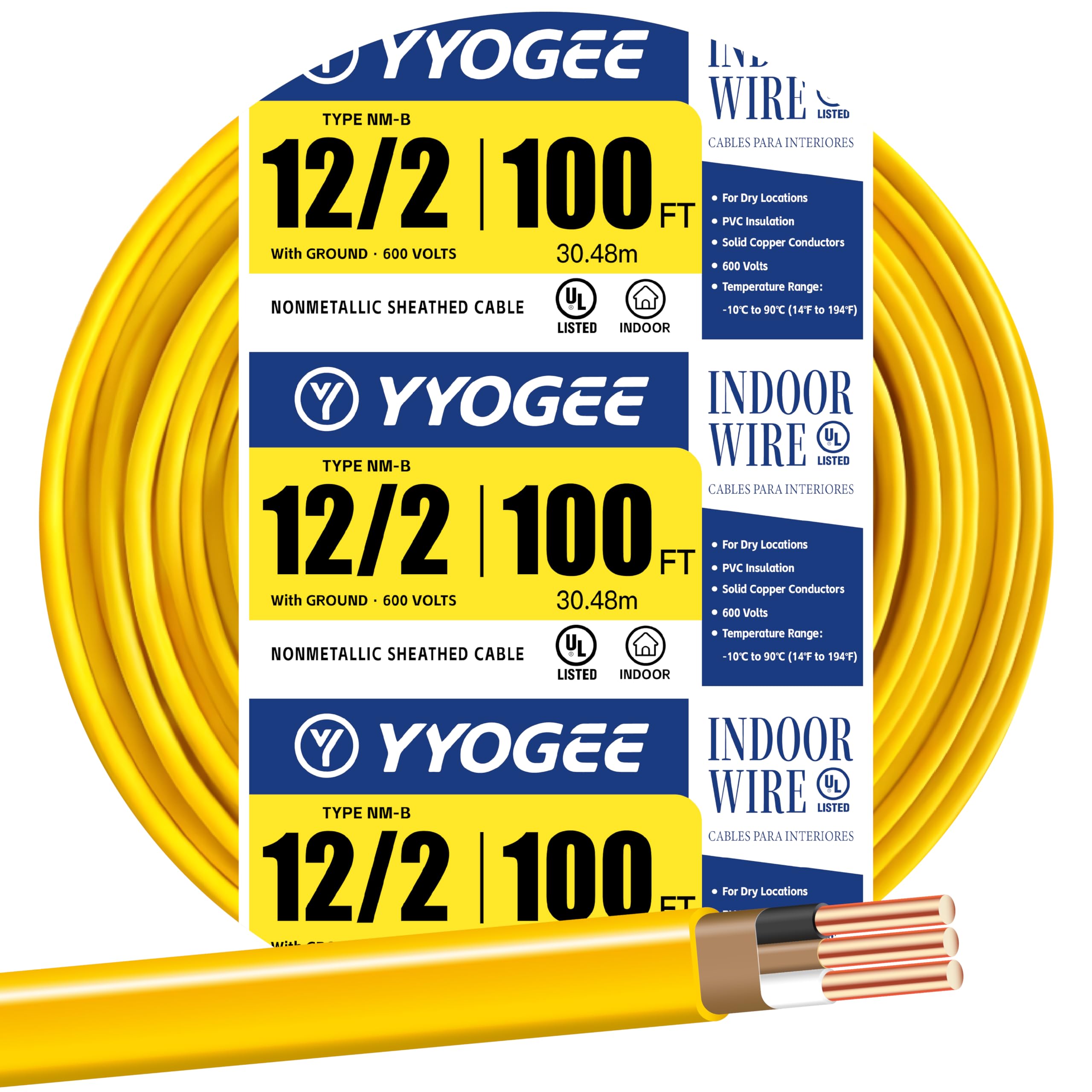 YYOGEE 12/2 NM-B wire yellow coil facilitates easy pulling for indoor installations.